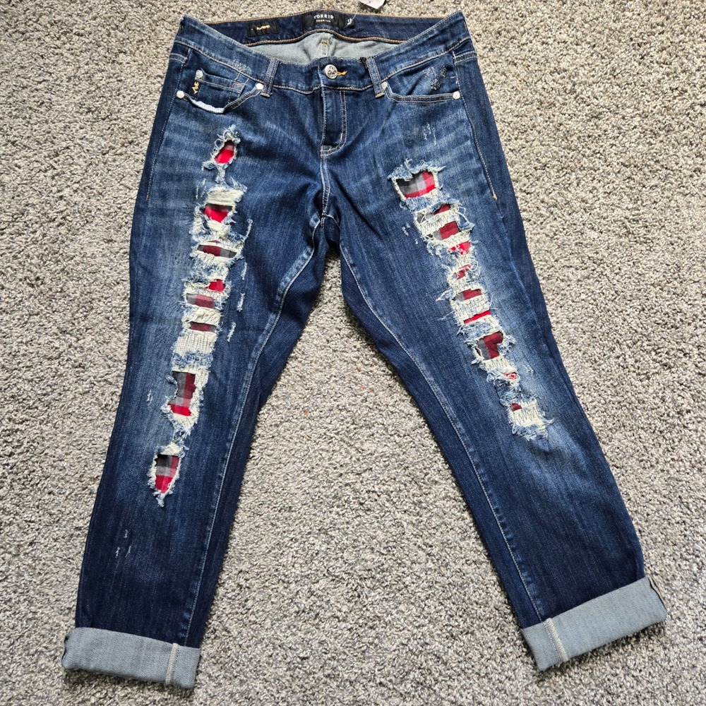 Torrid Boyfriend Distressed Plaid Patch Dark Wash Jeans Grunge Punk 12